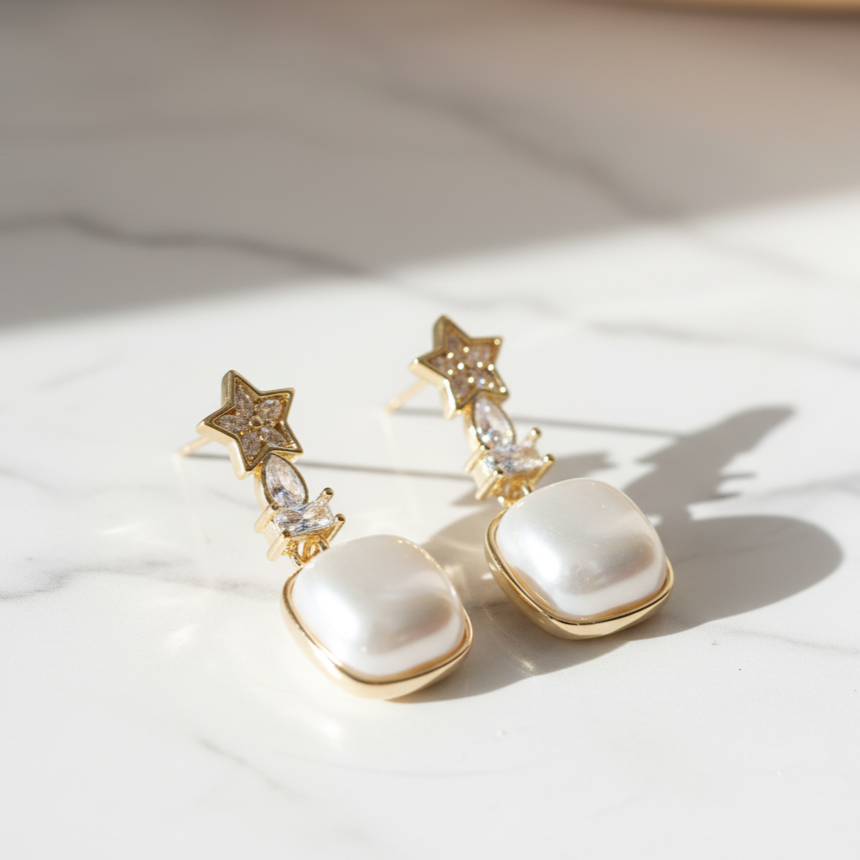 Statement Pearl Drop Dangle Earrings with Star CZ Accent