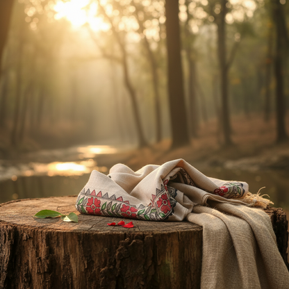 Madhubani Art Stole – Handpainted Silk Wrap with Folk Motifs