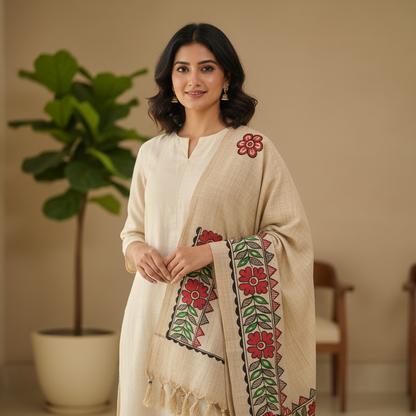 Madhubani Art Stole – Handpainted Silk Wrap with Folk Motifs