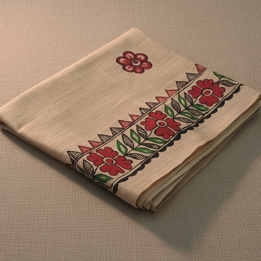 Madhubani Art Stole – Handpainted Silk Wrap with Folk Motifs