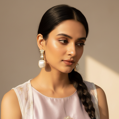 Statement Pearl Drop Dangle Earrings with Star CZ Accent