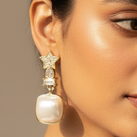 Statement Pearl Drop Dangle Earrings with Star CZ Accent
