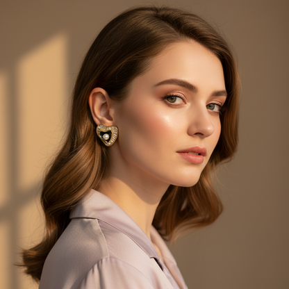 Sparkling Heart Stud Earrings – Romantic Gold-Plated Imitation Jewelry