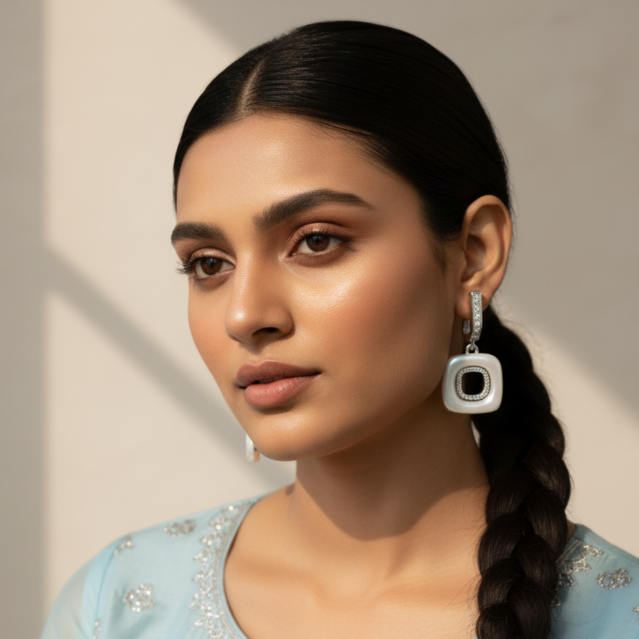 Silver Square Dangle Earrings with Pearl Finish & CZ Accent