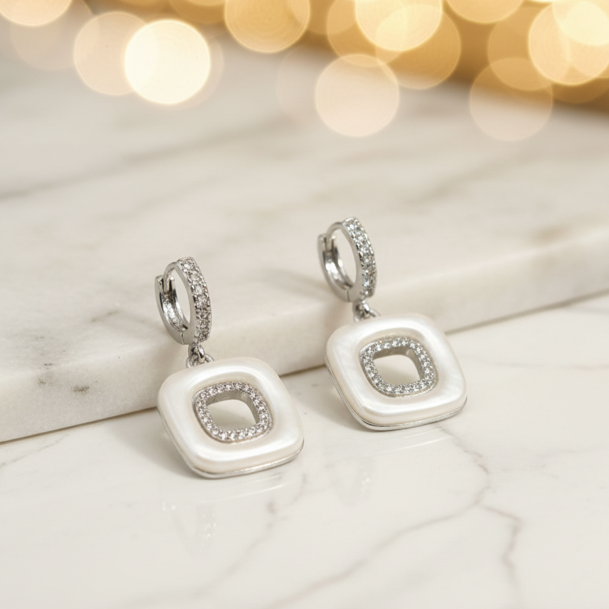 Silver Square Dangle Earrings with Pearl Finish & CZ Accent