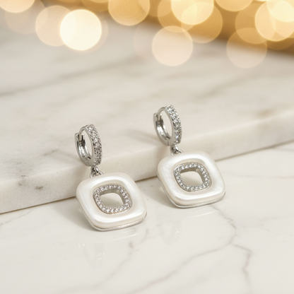 Silver Square Dangle Earrings with Pearl Finish & CZ Accent