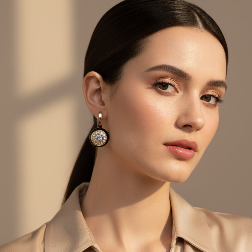 Luxury Black & Gold Enamel Drop Earrings for Women | CZ Diamond Accents Gujarat