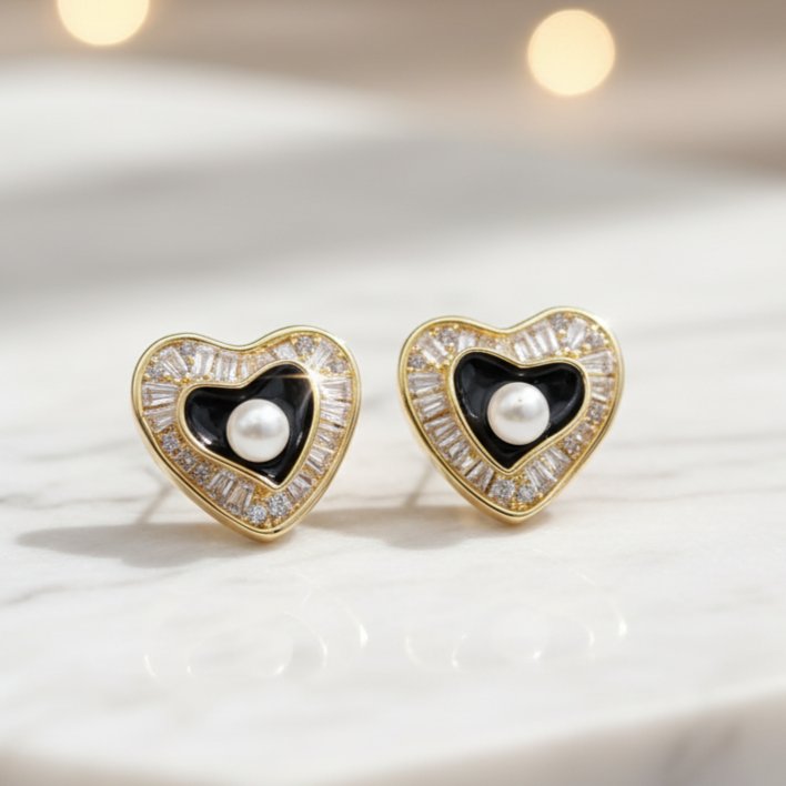 Sparkling Heart Stud Earrings – Romantic Gold-Plated Imitation Jewelry