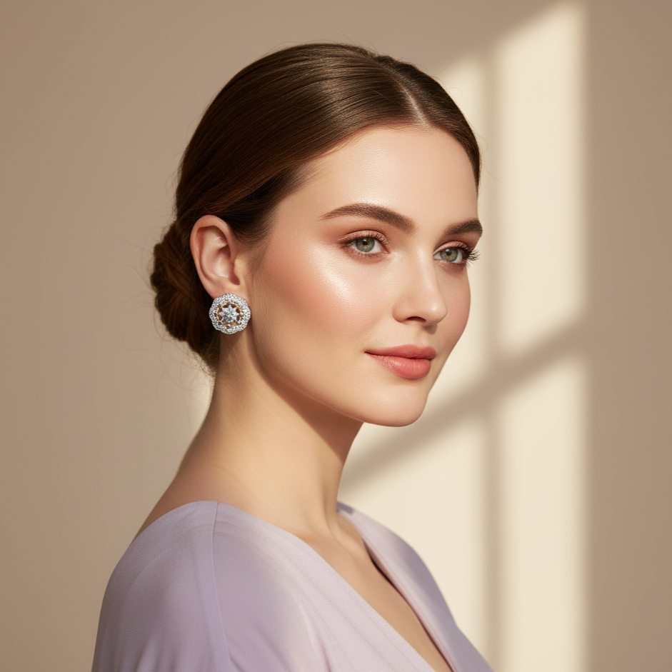 Round Yellow Gold Plated Bali Earrings – Sparkling Stone Imitation Jewelry