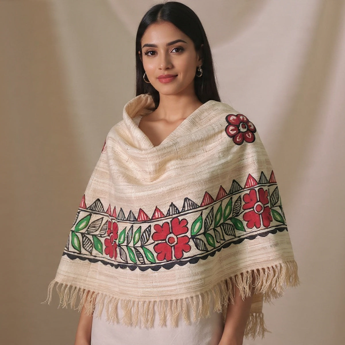 Madhubani Art Stole – Handpainted Silk Wrap with Folk Motifs