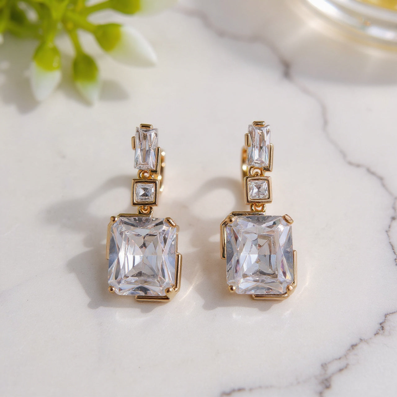 Dazzling Yellow Gold & Big Stone Huggie Earrings – Luxury Hanging Imitation Jewelry