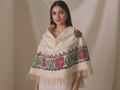 Madhubani Art Stole – Handpainted Silk Wrap with Folk Motifs